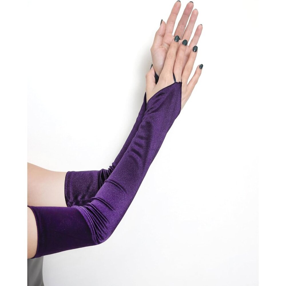 Women's Plum Purple Finger Loop Fingerless Long Satin Gloves Wedding Party Prom